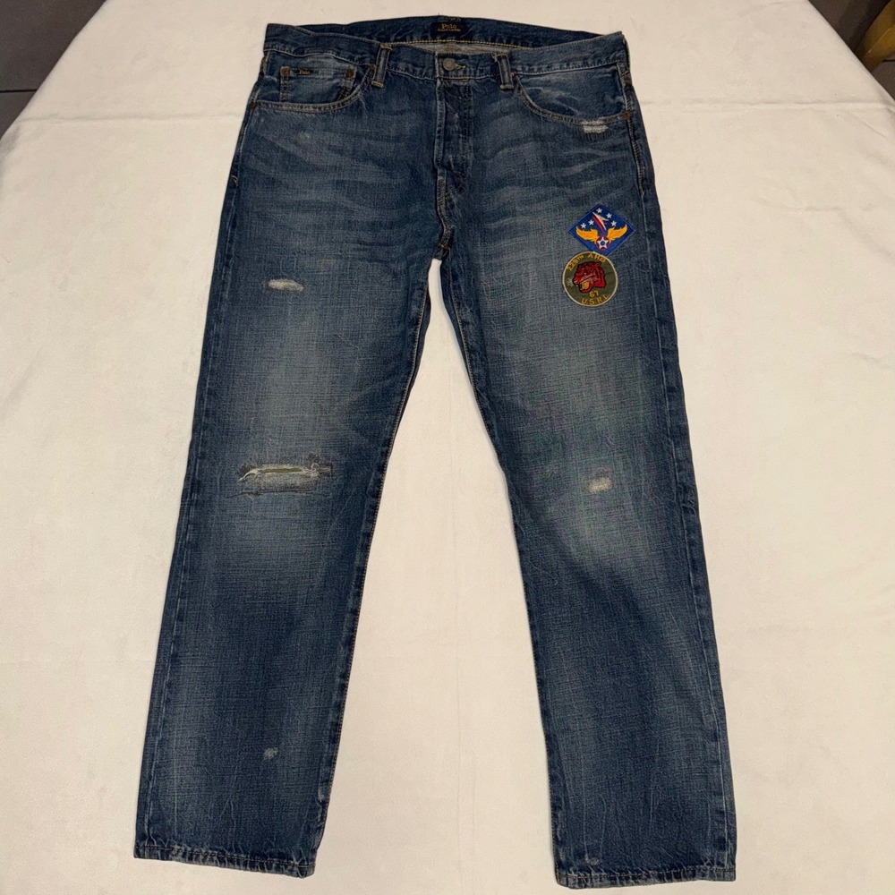 Polo Ralph Lauren‎ Varick Men's 36 Blue Denim Jeans Patched Button Fly Straight